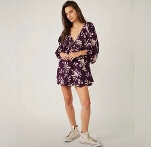 FREE PEOPLE Linen Blend Portia Printed Mini Dress Eggplant Floral